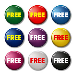 Set of colored round buttons with word 'Free'. Circle labels for products in online shops. Tags looks like pin magnets. Design elements on white background with transparent shadow.