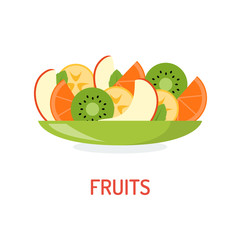 Sliced fruit in a plate isolated on white background. Healthy eating concept. Vector illustration in flat design.