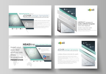Business templates for presentation slides. Vector layouts in flat design. Genetic and chemical compounds. Atom, DNA and neurons. Medicine, chemistry, technology concept. Geometric background.