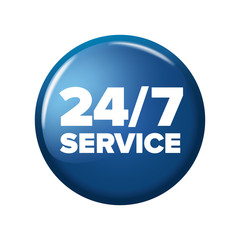Bright blue round button with words '24/7 service'. Work time circle label for posters and banners. All-time maintenance tag. Design element on white background.