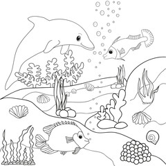 Fototapeta premium Dolphin book coloring outline underwater world