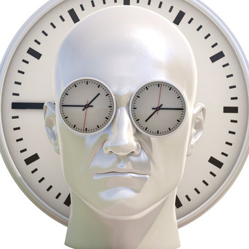 Time Concept 3D Illustration: Human Head  and Time, Business Punctuality, Appointment Stress, Deadline Pressure, Overtime, Time is Running Up, Timing, Punctual Schedule, Management, Countdown Concept