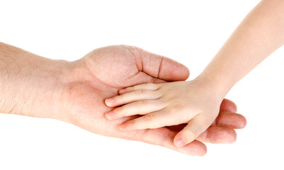 Father's hand holding child hand isolated