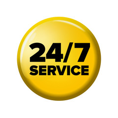 Bright yellow round button with words '24/7 service'. Work time circle label for posters and banners. All-time maintenance tag. Design element on white background.