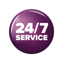 Bright violet round button with words '24/7 service'. Work time circle label for posters and banners. All-time maintenance tag. Design element on white background.