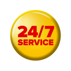 Bright yellow round button with words '24/7 service'. Work time circle label for posters and banners. All-time maintenance tag. Design element on white background.