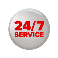 Round button with words '24/7 service'. Work time circle label for posters and banners. All-time maintenance tag. Design element on white background.
