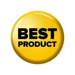 Bright yellow round button with word 'Best Product'. Circle label for bestseller in online shops. Design elements on white background.