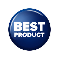 Bright navy blue round button with word 'Best Product'. Circle label for bestseller in online shops. Design elements on white background.