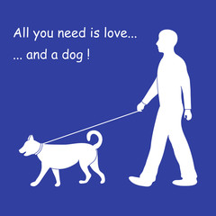 Silhouette of a man walking a dog on a leash. Design element for postcard, banner, flyer.