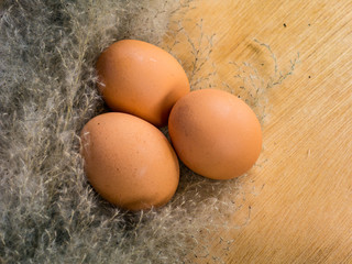 Close-up three eggs with grass flower on wood table