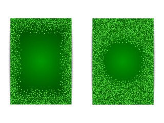 Vertical Saint Patricks Day banner template set with green clover confetti. Frames of shamrock leaves with place for text. Template for greeting card design, banner, flyer, party invitation.