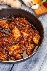 Chunks of pork with a mixture of Chinese vegetables