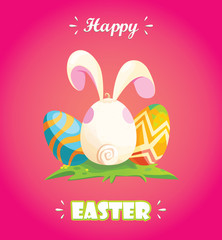 Happy Easter.Rabbit disguised as an egg. Bright eggs on a glade.Spring holiday.Vector