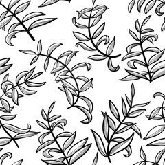 Line art seamless pattern with plants. Doodle simple background with leaves.
