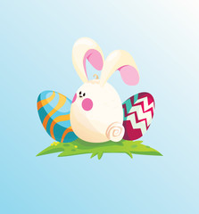 Happy Easter.Rabbit disguised as an egg. Bright eggs on a glade.Vector