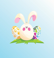 Happy Easter.Rabbit disguised as an egg. Bright eggs on a glade.Vector