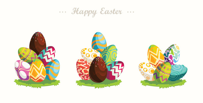 Happy Easter.Set of Easter eggs with different texture.Bright eggs on a glade. Vector