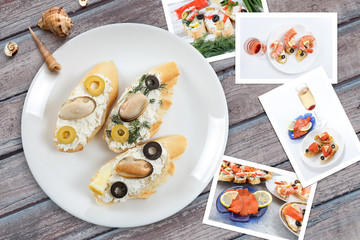 Snapshots of various sandwiches with seafood arranged on rustic wooden background with plates with food and seashells