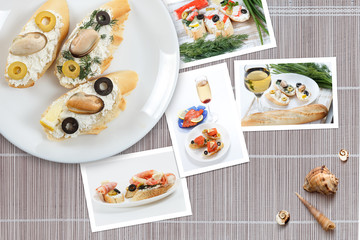 Snapshots of various sandwiches with seafood arranged on rustic wooden background with plates with food and seashells