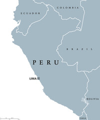 Peru political map with capital Lima, national borders and neighbors. Republic and country in western South America. Gray illustration isolated on white background. English labeling. Vector.