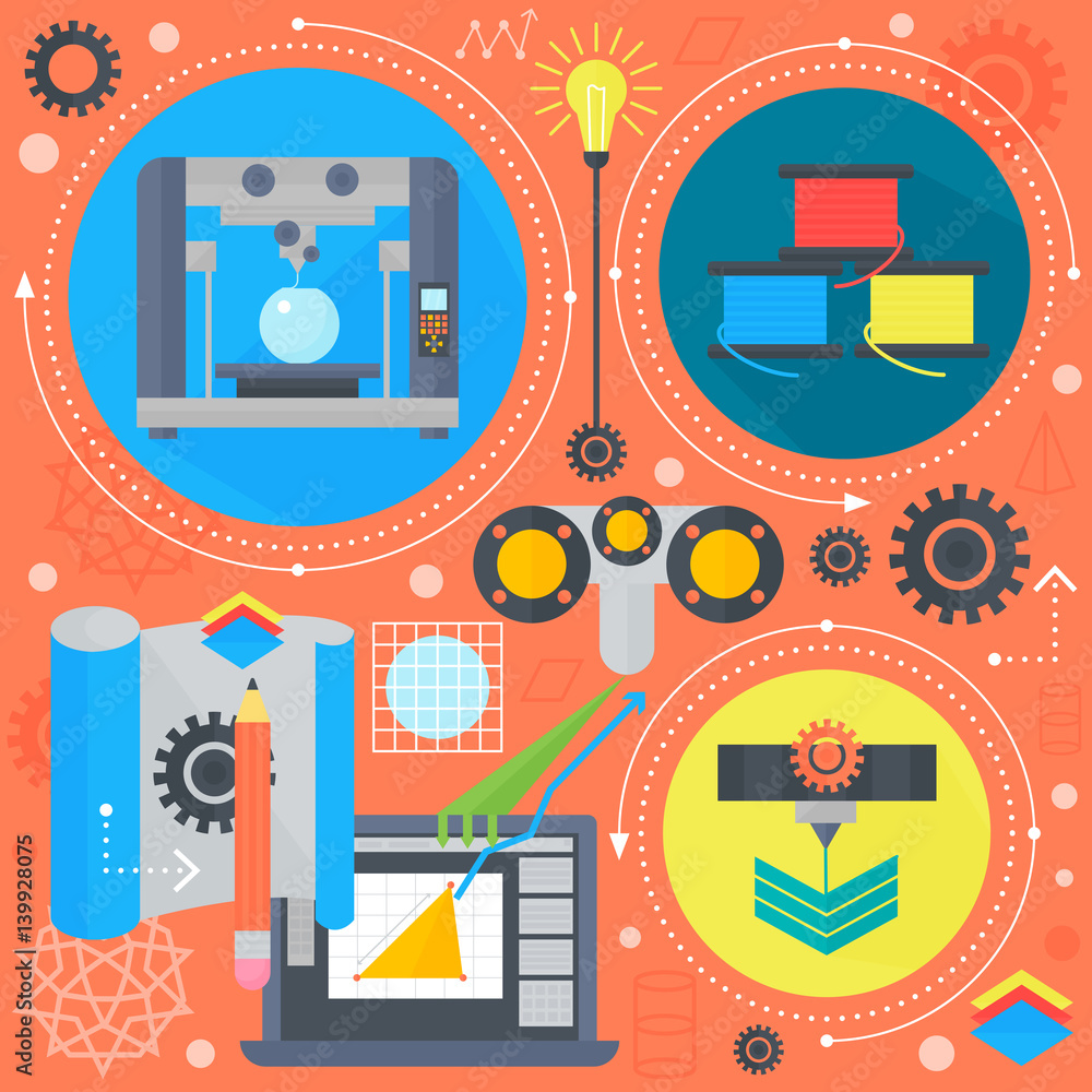 Poster 3d technology flat concept 3d printing and 3d scanning flat icons infographics design web elements, poster banner. Vector illustration.