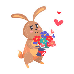 Bunny with Bouquet of Flowers Isolated on White.