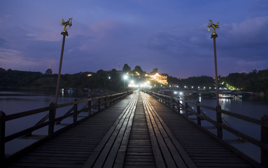 old an long wooden bridge at Sangklaburi,Kanchan aburi province, Thailand