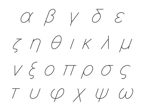 Greek alphabet letters, italic font set, outlined, black isolated on white background, vector illustration.