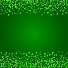 Fototapeta na wymiar Square Saint Patricks Day background with green clover confetti. Frame of shamrock leaves with wide stripe for text. Template for greeting card design, banner, flyer, party invitation.