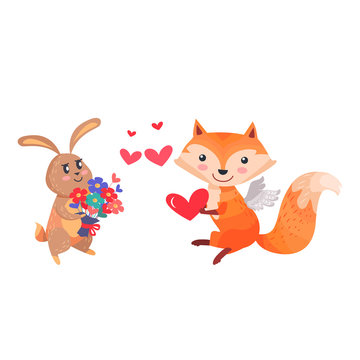 Bunny with Bouquet of Flowers and Fox with Wings