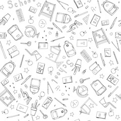 Hand drawn School doodle set illustration seamless pattern background with School supplies, exercise book, microscope, globe , backpack, desk, Textbooks, apple isolated on white