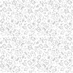 Hand drawn School doodle set illustration seamless pattern background with School supplies, exercise book, microscope, globe , backpack, desk, Textbooks, apple isolated on white