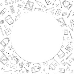 Hand drawn School doodle set illustration background with lettering, School supplies, exercise book, microscope, globe , backpack, desk, Textbooks, apple with space for text poster