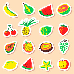 Tropical exotic fruits stickers set. Cute fresh organic fruits labels