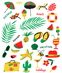 Set with summer beach objects. Vector illustration with umbrella, chair, cocktails, fruits,