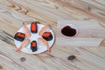 Sushi Close up in plate on wooden background  , Asian food delicious