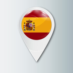 Pointer with the national flag of Spain in the ball with reflection. Tag to indicate the location. Realistic vector illustration.