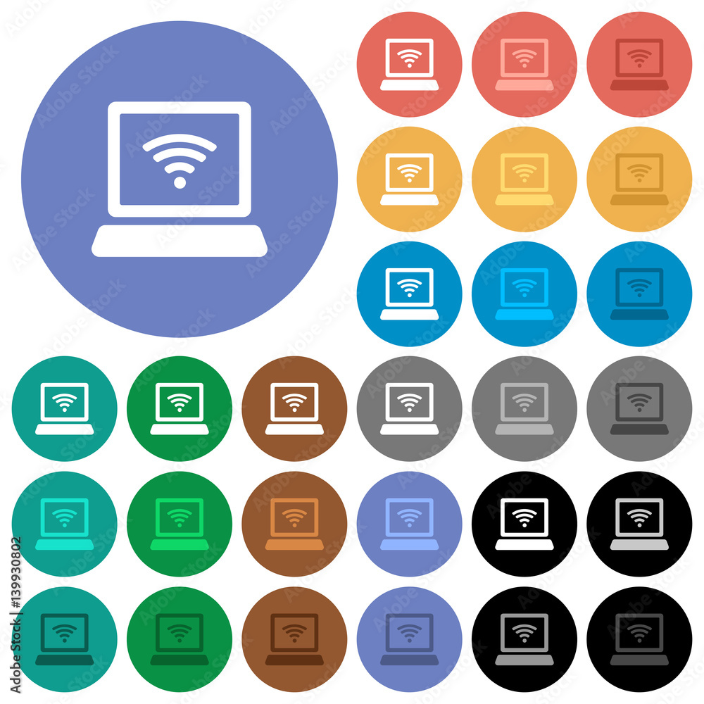 Poster laptop computer with wireless symbol round flat multi colored icons