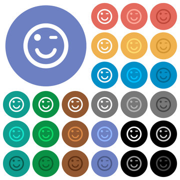 Winking emoticon round flat multi colored icons