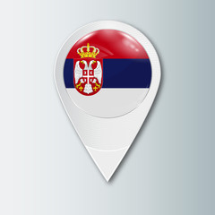 Pointer with the national flag of Serbia in the ball with reflection. Tag to indicate the location. Realistic vector illustration.