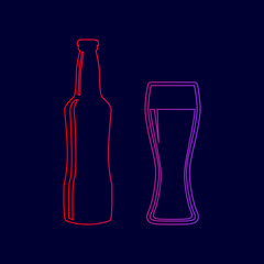 Beer bottle sign. Vector. Line icon with gradient from red to violet colors on dark blue background.