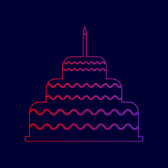 Cake with candle sign. Vector. Line icon with gradient from red to violet colors on dark blue background.