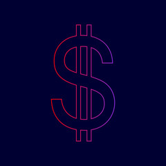 United states Dollar sign. Vector. Line icon with gradient from red to violet colors on dark blue background.