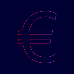 Euro sign. Vector. Line icon with gradient from red to violet colors on dark blue background.