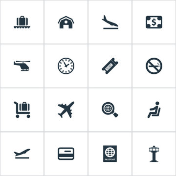 Vector Illustration Set Of Simple Plane Icons. Elements Coupon, Takeoff, Garage And Other Synonyms Helicopter, Clock And Tower.