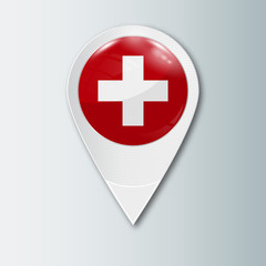 Obraz premium Pointer with the national flag of Switzerland in the ball with reflection. Tag to indicate the location. Realistic vector illustration.