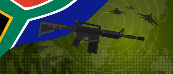 South Africa military power army defense industry war and fight country national celebration with gun soldier jet fighter and radar