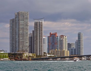 Modern Miami Beach luxury condominium towers overlooking Biscayne Bay and the florida intra-coastal...