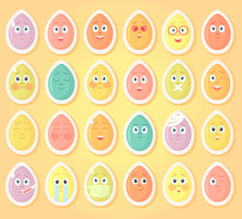 A set of stickers of Easter eggs with different emotions, bright colored eggs for chatting, communication with each other. Emoticon in cartoon style.